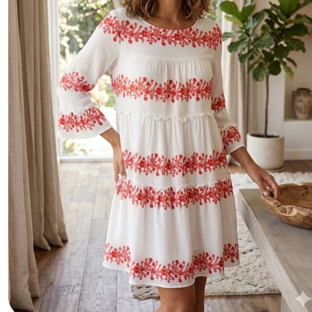 White Long-Sleeve Tiered Dress with Coral Stripe Embroidery